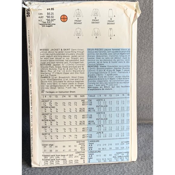 Butterick Misses Jacket Skirt Sewing Pattern Sz 14-18 5898 - Uncut - Picture 3 of 4